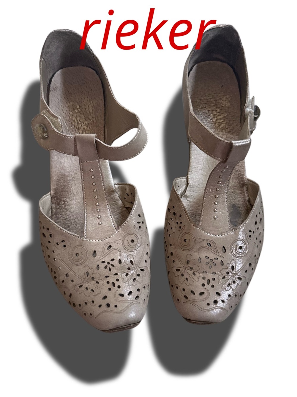 Rieker Taupe Laser-Cut T-Strap Clogs 38